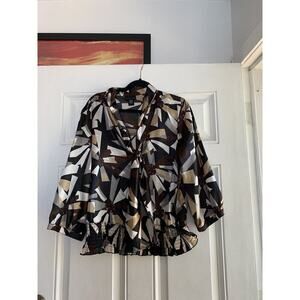 Apostrophe Women's Blouse Top Waist Tie Geometric Brown Grey White Size XL